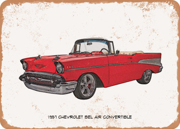 1957 Chevrolet Bel Air Convertible Pencil Sketch - Rusty Look Metal Sign