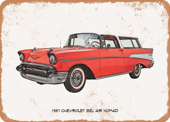 1957 Chevrolet Bel Air Nomad Pencil Sketch - Rusty Look Metal Sign