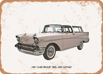 1957 Chevrolet Bel Air Nomad Pencil Sketch  - Rusty Look Metal Sign