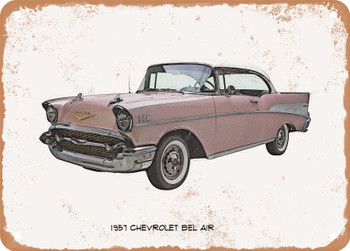 1957 Chevrolet Bel Air Sand Pencil Sketch - Rusty Look Metal Sign
