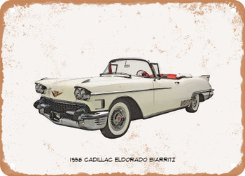 1958 Cadillac Eldorado Biarritz Pencil Sketch - Rusty Look Metal Sign