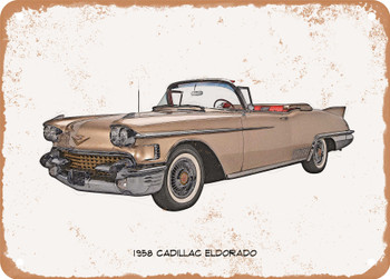 1958 Cadillac Eldorado Pencil Sketch - Rusty Look Metal Sign