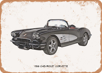 1958 Chevrolet Corvette Pencil Sketch   4 -  Rusty Look Metal Sign