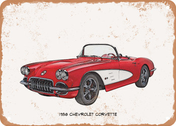 1958 Chevrolet Corvette Pencil Sketch  2 -  Rusty Look Metal Sign