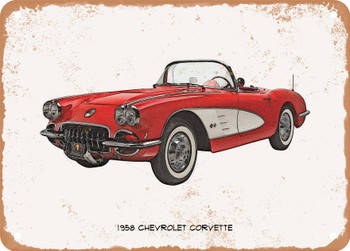 1958 Chevrolet Corvette Pencil Sketch - Rusty Look Metal Sign