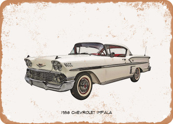 1958 Chevrolet Impala Pencil Sketch  - Rusty Look Metal Sign