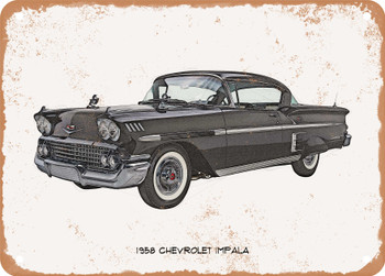 1958 Chevrolet Impala Pencil Sketch   - Rusty Look Metal Sign