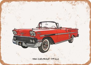 1958 Chevrolet Impala Pencil Sketch  -  Rusty Look Metal Sign