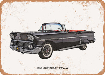 1958 Chevrolet Impala Pencil Sketch - Rusty Look Metal Sign
