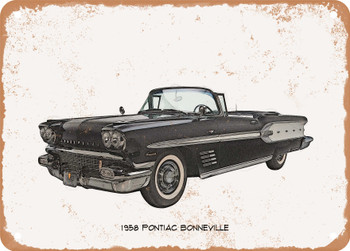 1958 Pontiac Bonneville Pencil Sketch - Rusty Look Metal Sign