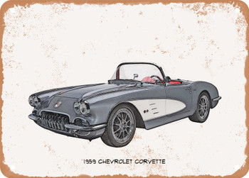 1959 Chevrolet Corvette Pencil Sketch - Rusty Look Metal Sign