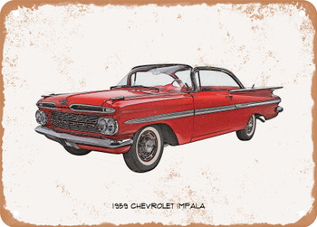 1959 Chevrolet Impala Pencil Sketch - Rusty Look Metal Sign