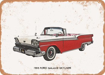 1959 Ford Galaxie Skyliner Pencil Sketch - Rusty Look Metal Sign