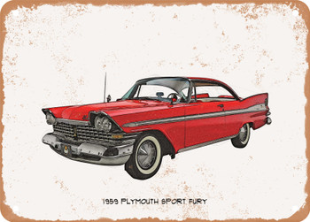 1959 Plymouth Sport Fury Pencil Sketch - Rusty Look Metal Sign