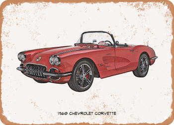1960 Chevrolet Corvette Pencil Sketch  - Rusty Look Metal Sign