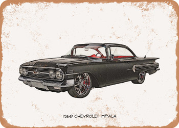 1960 Chevrolet Impala Pencil Sketch   - Rusty Look Metal Sign