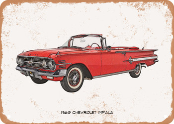 1960 Chevrolet Impala Pencil Sketch - Rusty Look Metal Sign