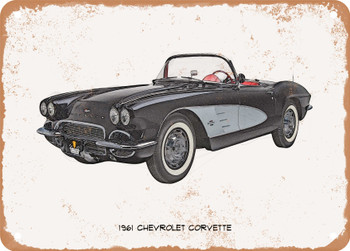 1961 Chevrolet Corvette Pencil Sketch - Rusty Look Metal Sign