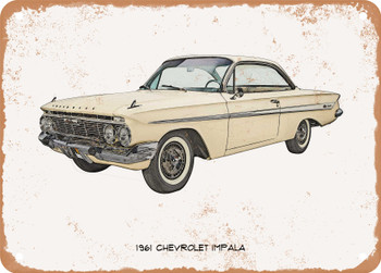 1961 Chevrolet Impala Pencil Sketch   - Rusty Look Metal Sign