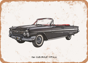 1961 Chevrolet Impala Pencil Sketch - Rusty Look Metal Sign