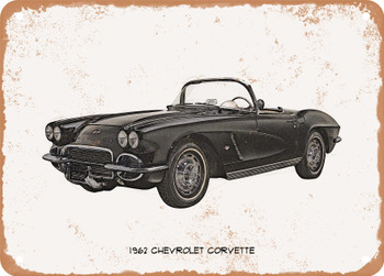1962 Chevrolet Corvette Pencil Sketch  - Rusty Look Metal Sign