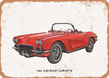 1962 Chevrolet Corvette Pencil Sketch - Rusty Look Metal Sign