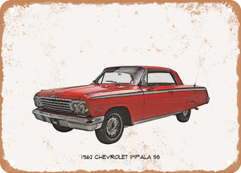 1962 Chevrolet Impala SS Pencil Sketch - Rusty Look Metal Sign