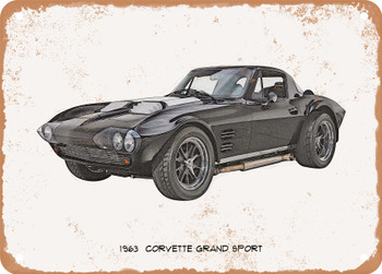 1963 Corvette Grand Sport Pencil Sketch - Rusty Look Metal Sign