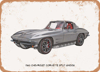 1963 Chevrolet Corvette Split Window Pencil Sketch  - Rusty Look Metal Sign