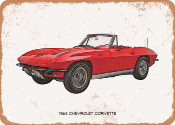 1963 Chevrolet Corvette Pencil Sketch - Rusty Look Metal Sign