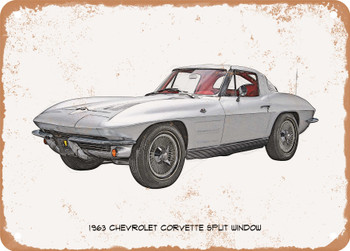 1963 Chevrolet Corvette Split Window Pencil Sketch   - Rusty Look Metal Sign