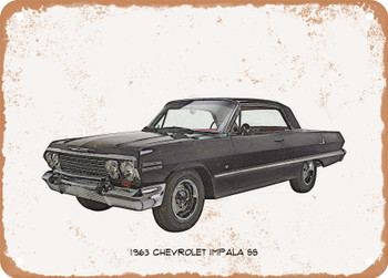 1963 Chevrolet Impala SS Pencil Sketch - Rusty Look Metal Sign