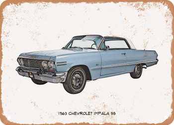 1963 Chevrolet Impala SS Pencil Sketch   - Rusty Look Metal Sign