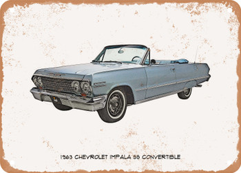 1963 Chevrolet Impala SS Convertible Pencil Sketch - Rusty Look Metal Sign