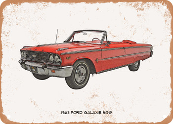 1963 Ford Galaxie 500 Pencil Sketch - Rusty Look Metal Sign