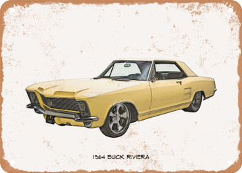 1964 Buick Riviera Pencil Sketch - Rusty Look Metal Sign