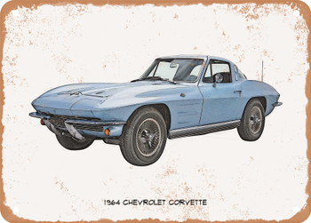 1964 Chevrolet Corvette Pencil Sketch  - Rusty Look Metal Sign