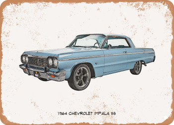1964 Chevrolet Impala SS Pencil Sketch - Rusty Look Metal Sign
