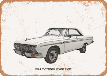 1964 Plymouth Sport Fury Pencil Sketch - Rusty Look Metal Sign