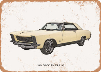 1965 Buick Riviera GS Pencil Sketch - Rusty Look Metal Sign