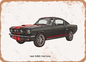 1965 Ford Mustang And Pencil Sketch - Rusty Look Metal Sign