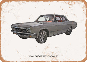 1966 Chevrolet Biscayne Pencil Sketch - Rusty Look Metal Sign