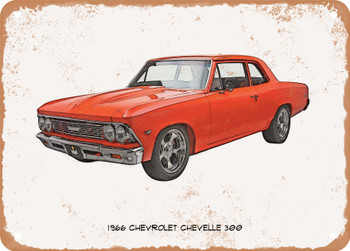 1966 Chevrolet Chevelle 300 Pencil Sketch - Rusty Look Metal Sign