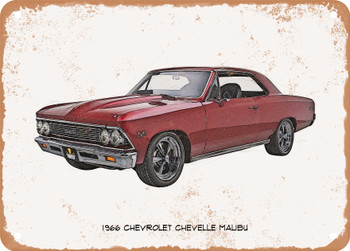 1966 Chevrolet Chevelle Malibu Pencil Sketch - Rusty Look Metal Sign