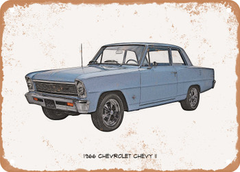 1966 Chevrolet Chevy II Pencil Sketch - Rusty Look Metal Sign