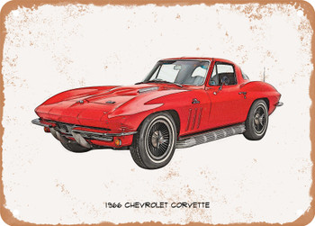 1966 Chevrolet Corvette Pencil Sketch - Rusty Look Metal Sign