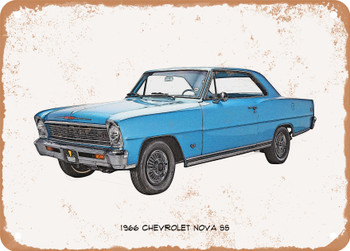 1966 Chevrolet Nova SS Pencil Sketch - Rusty Look Metal Sign