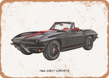 1966 Chevy Corvette Pencil Sketch - Rusty Look Metal Sign