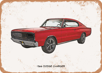 1966 Dodge Charger Pencil Sketch - Rusty Look Metal Sign