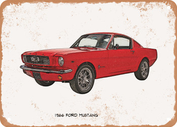 1966 Ford Mustang Fastback Pencil Sketch - Rusty Look Metal Sign